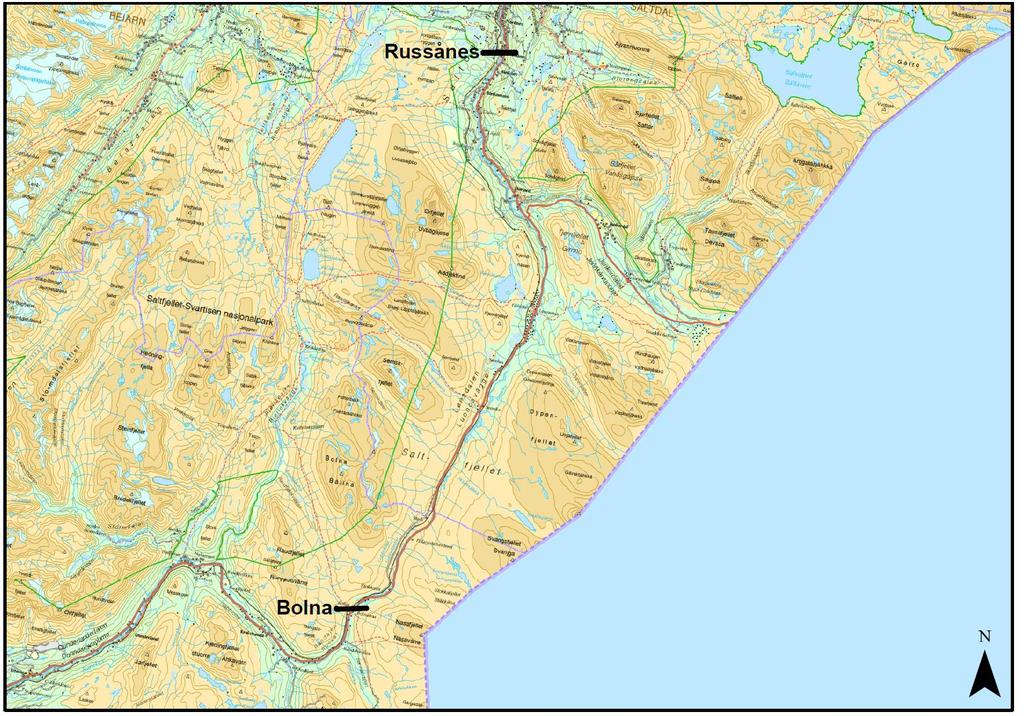 6. Planområde Tiltak bør prioriteres mellom Bolna stasjon og Russånes (54 kilometer) (figur 2). Strekningen har ca. 37 % av det totale antallet påkjørsler av tamrein på Nordlandsbanen for perioden 01.