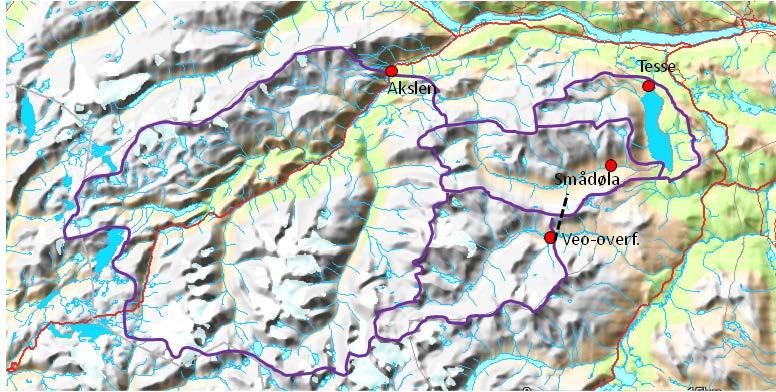 3 Hydrologiske grunnlagsdata - vannstander og restvannføringer Figur 7. Kart over nedbørfelt for Tesse og Veo og sentrale hydrologiske stasjoner. Stiplet linje indikerer overføringstunnelen 3.