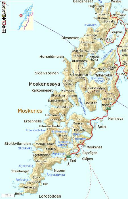 Figur&8:&Kartutsnittet&viser&topografien&på&Moskenesøya.
