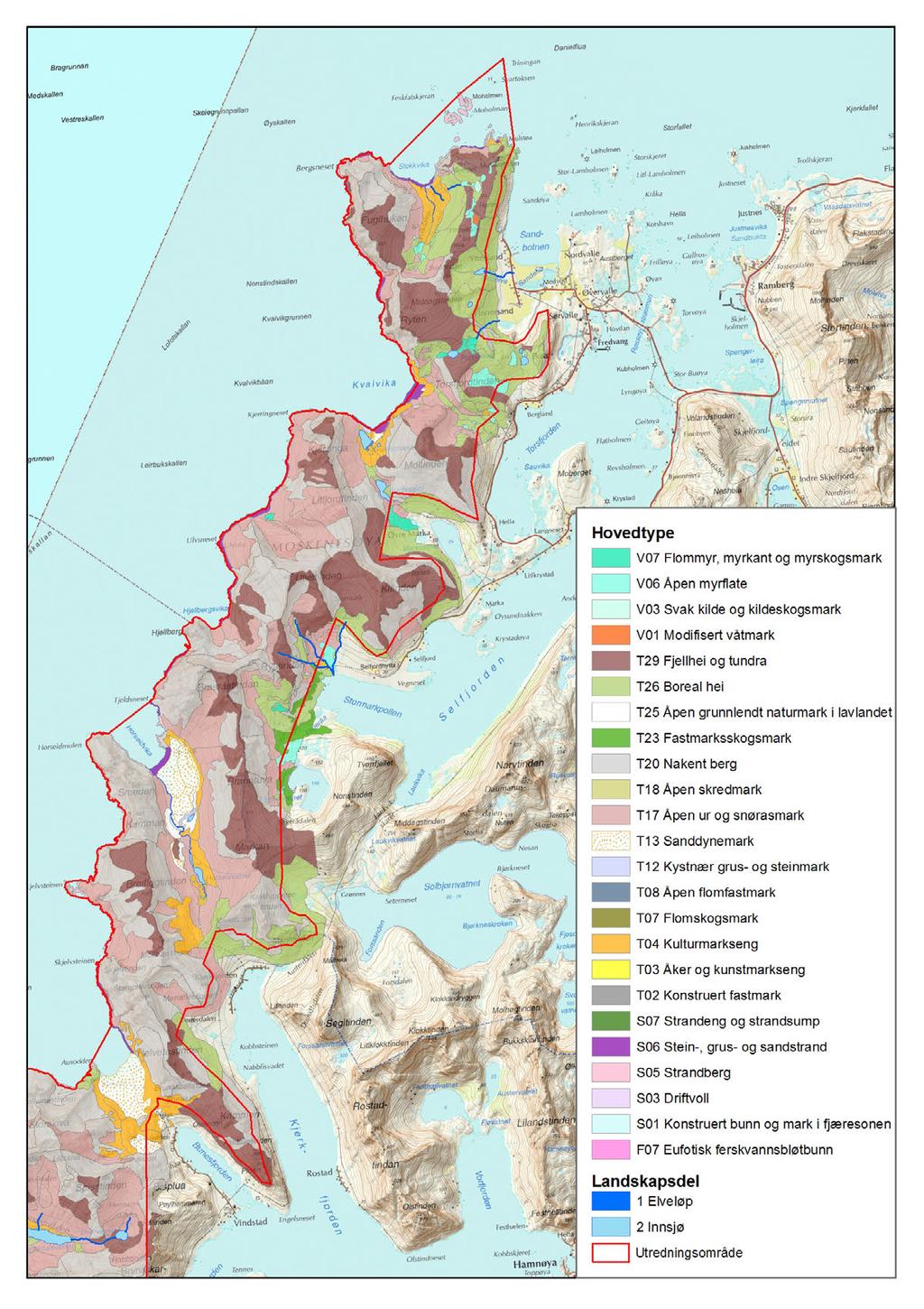 Figur&11:&Kartutsnittet&viser&det&nordre&delen&av&utredningsområdet&som&er&avgrenset&med&rød&linje.