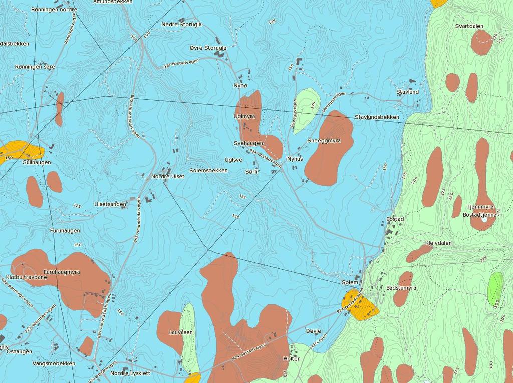 416647 Forprosjekt VA Bostadvegen - Solem multiconsult.no Innledende geoteknisk vurdering I figur 2 vises utsnitt av kvartærgeologisk kart i området. Figur 2: Løsmassekart.