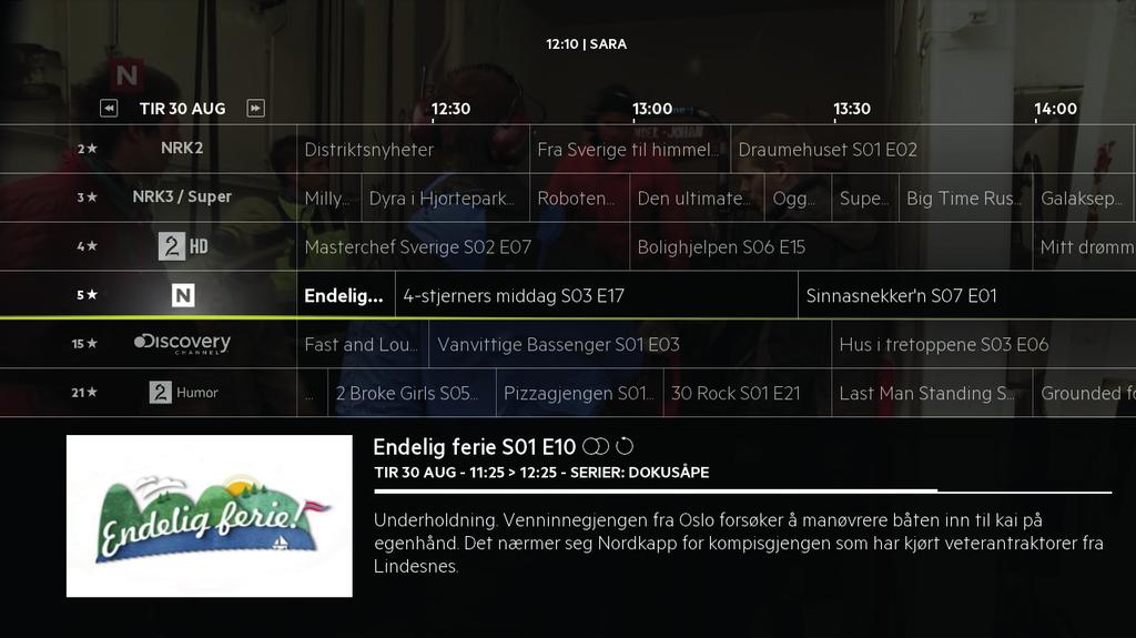 FAVORITTKANALER Velg favorittkanaler og de vil legge seg øverst i guiden (rett over NRK 1, kanalplass nummer 1). Slik legger du til favorittkanaler 1.