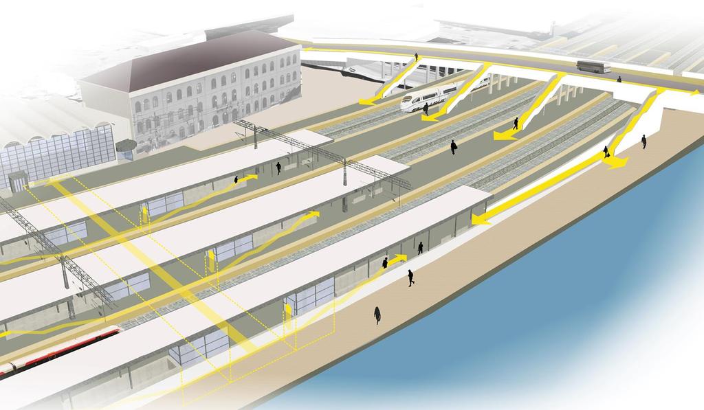 7 av 22 Hovedadkomsten til stasjonen fra Strømsø Torg vil være som i dag. Førsteetasjen og underetasjen i stasjonsbygningen tilpasses gangkulverten som bygges om og utvides.