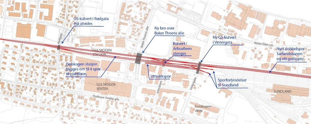 9 av 22 hver ende. For å minimere inngrep i sideterreng, bygges en støttemur mellom jernbanetraséen og Strømsgodset kirkegård.