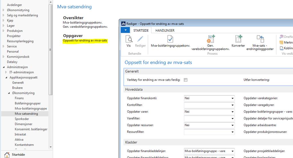 4. Oppsett Her bestemmes hva som skal oppdateres, og om det er en testkonvertering eller om det er en reell konvertering. Dersom man følger prosedyren vi bruker i NAV med å lage en ny mva.