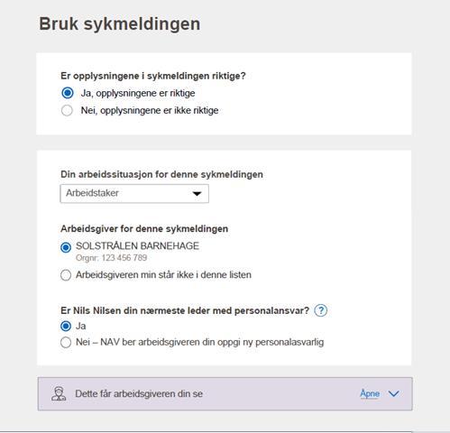 Innsending av sjukmelding Vel rett «arbeidssituasjon» Ved feil arbeidsgivar, legger du inn den rette.