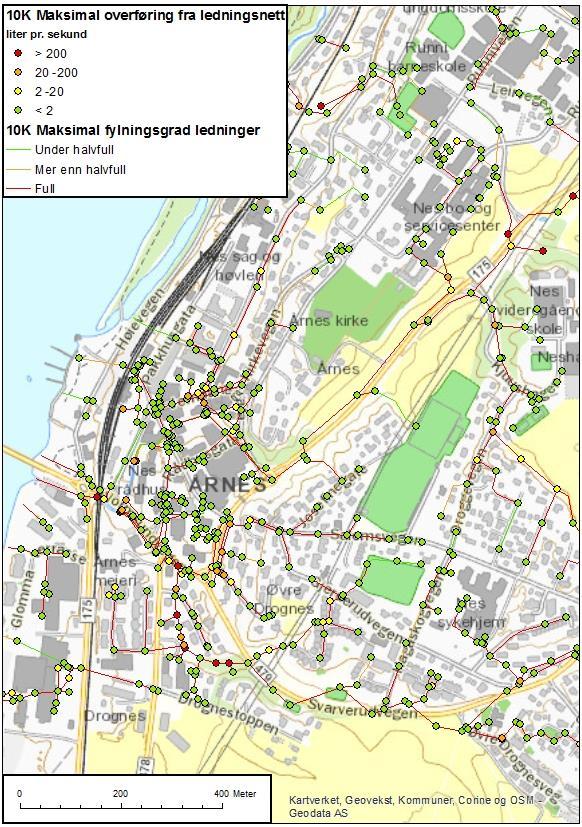 Det er ingen overraskelse at de aller fleste ledningene går fulle ved fremtidige regn (med klimafaktor.