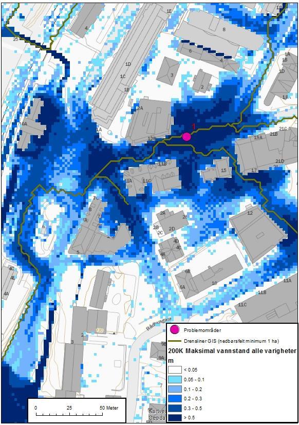 4.6.1 Jernbanegata Problembeskrivelse: Problemområde 1 er i vestre del av Jernbanegata. Området er flomvei for et stort nedbørsfelt.