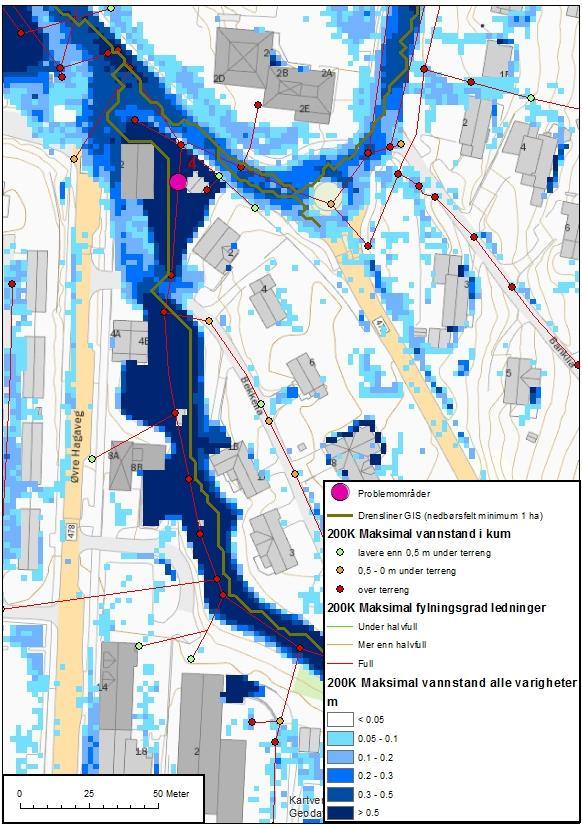 4.6.4 Øvre Hagaveg 2 8 Problembeskrivelse: Nedenfor boligene i Øvre Hagaveg 2 8 går kulverten og flomveien som håndterer vannet fra store deler av Årnes øst.