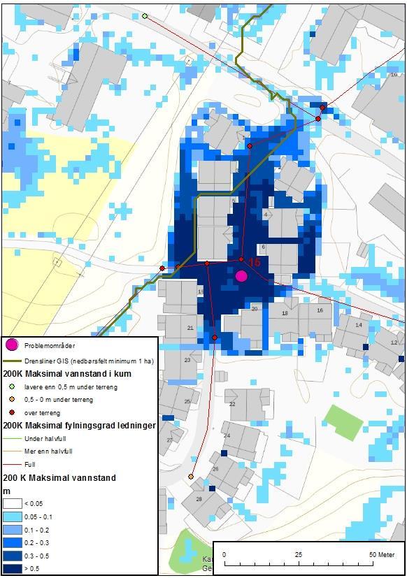 4.6.15 Møllerstua Problembeskrivelse: Flomlinjen fra områder i nord går gjennom boligområdet Møllerstua. Området har et lavpunkt mellom hus 6 og 15, som bidrar til mye vann i området.