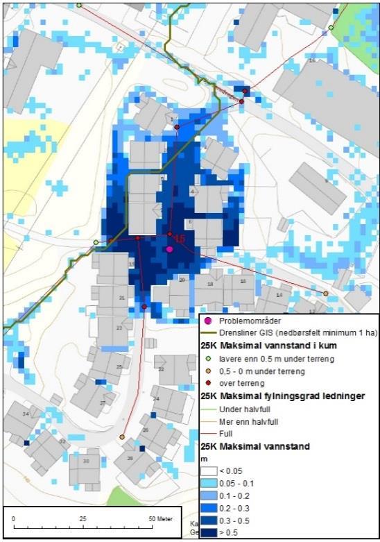 Ved å bare studere flomveien kan man få en indikasjon på at det kan bli problemer i området ved kraftige regn, da flomveien er gjennom et tett boligområde, som i tillegg har noen lavpunkter i