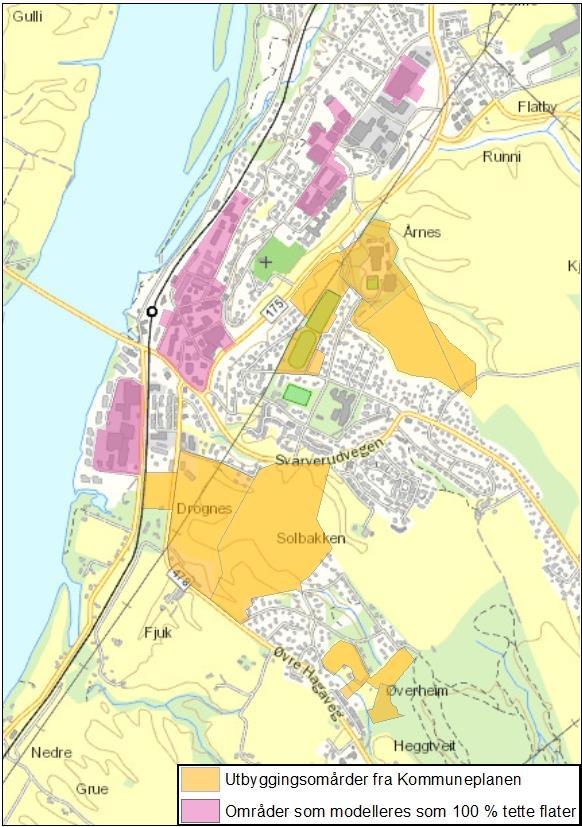 Figur 44: Beskrivelse av infiltrasjonsparametere for jordsmonnet under én celle Bygninger og veger ble satt til tette flater, med null infiltrasjon. Grunnlaget for dette var FKB-data.