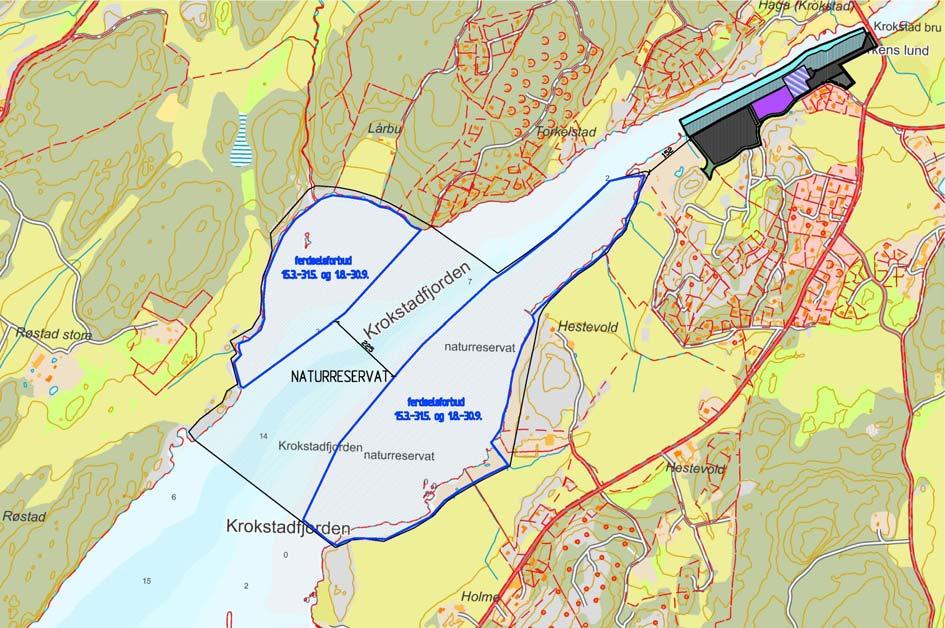 2.5 Naturreservatet. Planområdet ligger innerst i Krokstadfjorden. Lenger ut ligger Kråkstadfjorden naturreservat, opprettet 8. mai 1992. Se kart nedenfor.