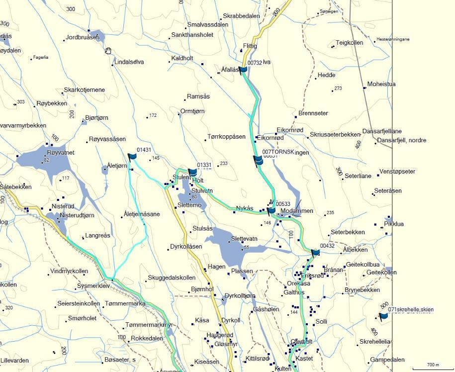 Figur 31. Skien, Skrehelle befaringsspor 18. juli. Skien, Kisedalen UTM 32 V 530455 6570713 Ved Kiseåsen renner Bøelva og har dannet en elveravine gjennom baserik berggrunn.