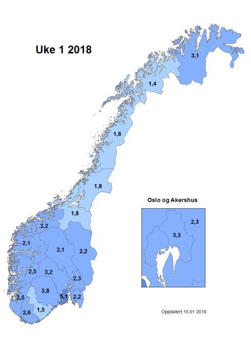 influensalignende sykdom fordelt på fylke de siste fire ukene.