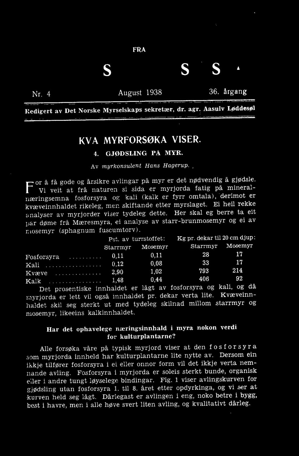 F Vi veit at frå naturen si sida er myrjorda tatdg på mineralnæringsemna fosforsyra og kali (kalk er fyrr omtala), derimot er kvæveinnhaldet rikeleg, men skiftande etter myrslaget.