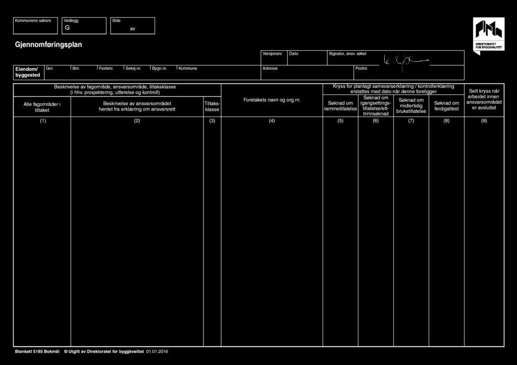 Kommunens saksnr. Vedlegg G Side av Gjennomføringsplan Versjonsnr. Dato Signatur, ansv. søker Eiendom/ byggested Gnr. Bnr. Festenr. Seksj.nr. Bygn.nr. Kommune Adresse Postnr.