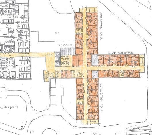 Versjonsnr: 49 / 58 Figur 9.3, Nytt sengebygg 2. Påbygg på eksisterende bygg. Skissen under viser at det er plass til totalt 162 sengeplasser i bygget. Dette gir en manko på 25 sengeplasser.