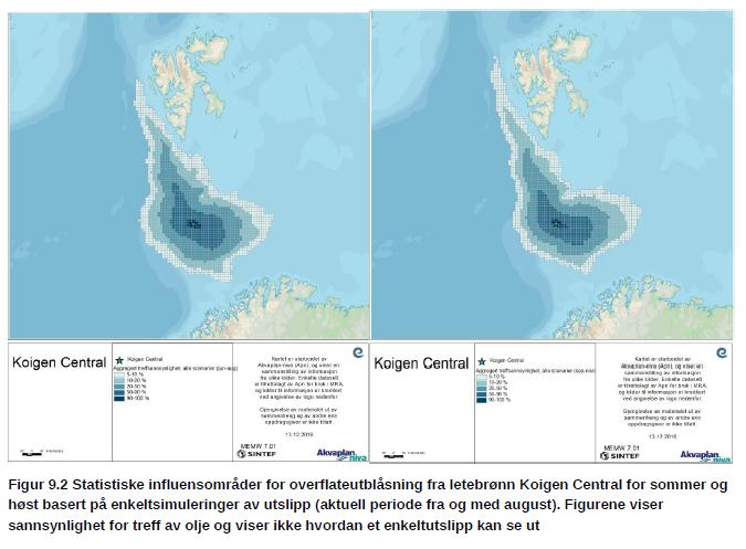 Figur 11: Oversikt over influensområde for en akutt oljeutblåsning (overflate) fra letebrønn Koigen Central for sommer og høst, basert på enkeltsimuleringer av utslipp.