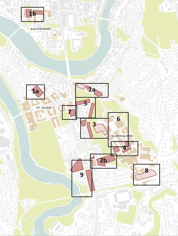 Figur 8: Kart over aktuelle tomteområder 1. Senter for psykisk helse (6500 m2 BTA) og Vitenskapsmuseet (20.