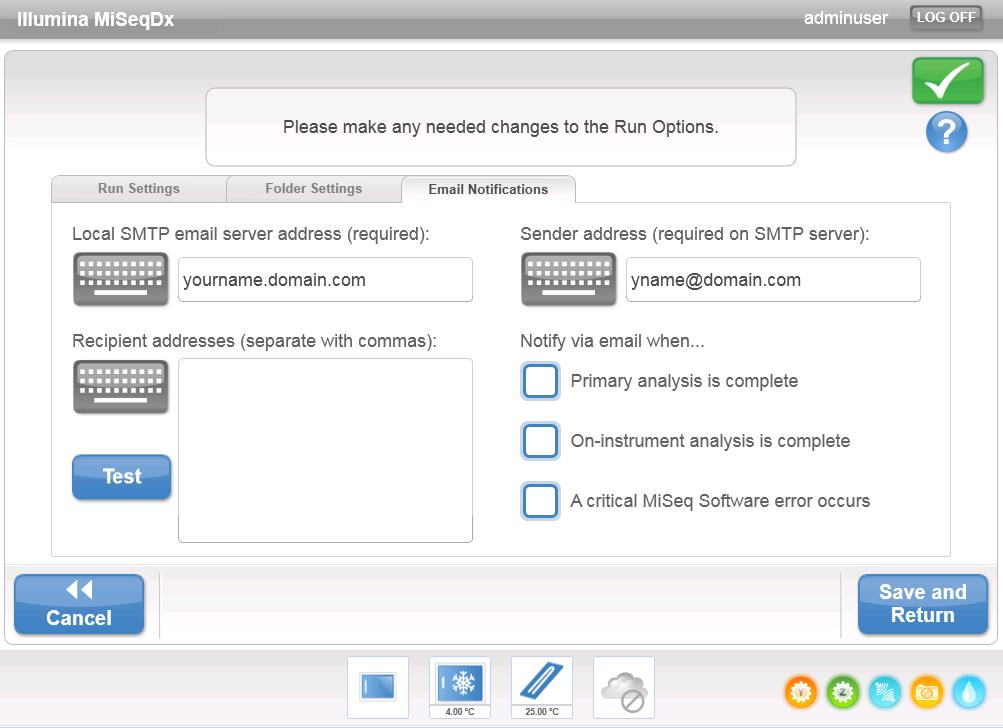 Fanen Email Notifications (E-postmeldinger) MiSeqDx kan konfigureres til å sende en e-postmelding når primæranalysen er ferdig, når sekundæranalysen er ferdig på instrumentet, eller hvis det oppstår