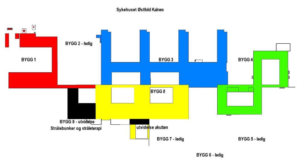 Figur 2. Sykehuset Østfold Kalnes om 5-10 år, inkludert utvidelse av akuttmottak og nytt kreftsenter. Alle arealer som ikke benyttes vil være solgt i løpet av en 5-årsperiode.