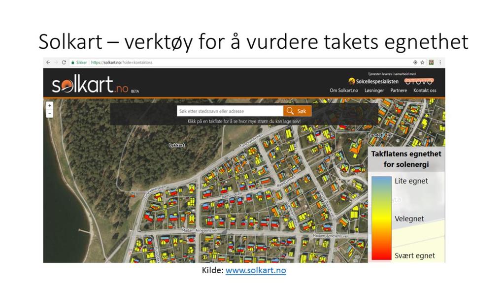 Om solkart.no Solkart.no er et hjelpemiddel til deg som vurderer å legge solceller på ditt hus. På Solkart.no så får du se hvilket av dine takflater som egner seg best til solceller.