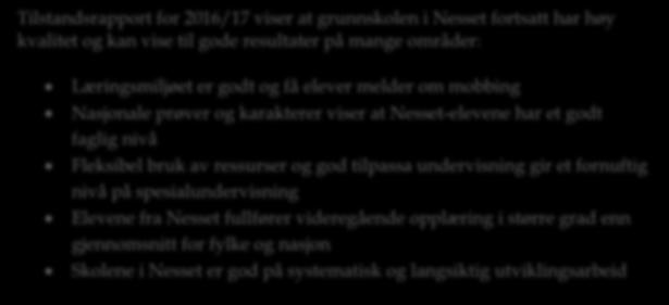 10) Tilstandsrapporten består av: - En innledning med generell informasjon om grunnskolen i Nesset - En resultatrapport som omhandler ressurser, faglige resultater, læringsmiljø, spesialundervisning