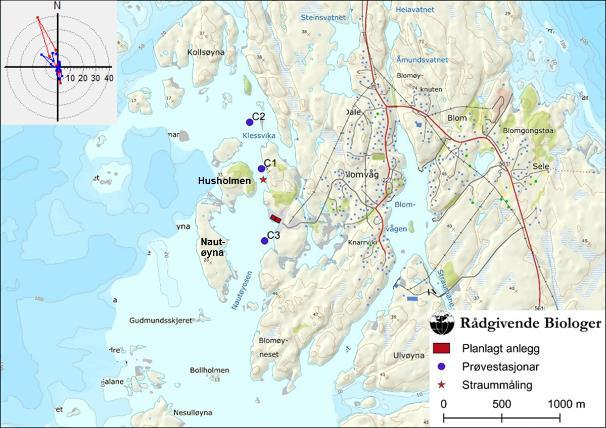 Figur 2. Djupnetilhøve i området rundt anlegget på lokaliteten, med oversikt over prøvestasjonar.