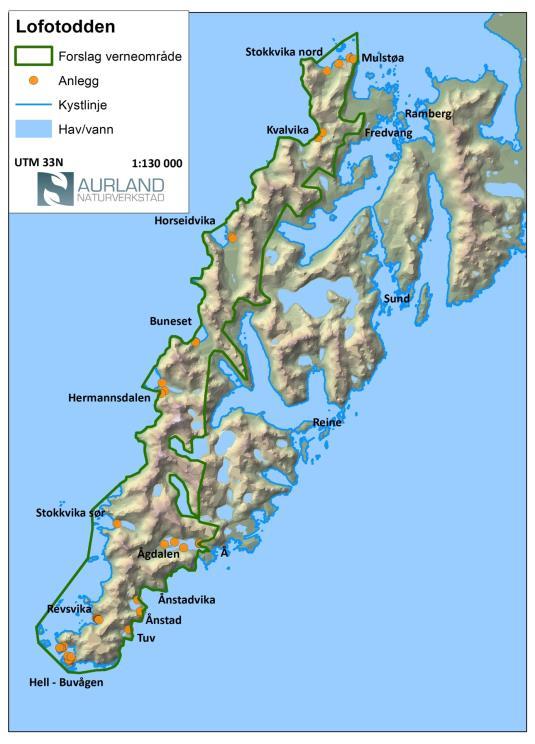 15 undersøkte lokaliteter: Moskenes kommune Ågvatnet Ånstadvika Ånstad Tuv Hell Buvågen Refsvika Stokkvika sør Hermannsdalen Buneset Horseidvika Flakstad kommune Kvalvika - Vestervika Kvalvika -