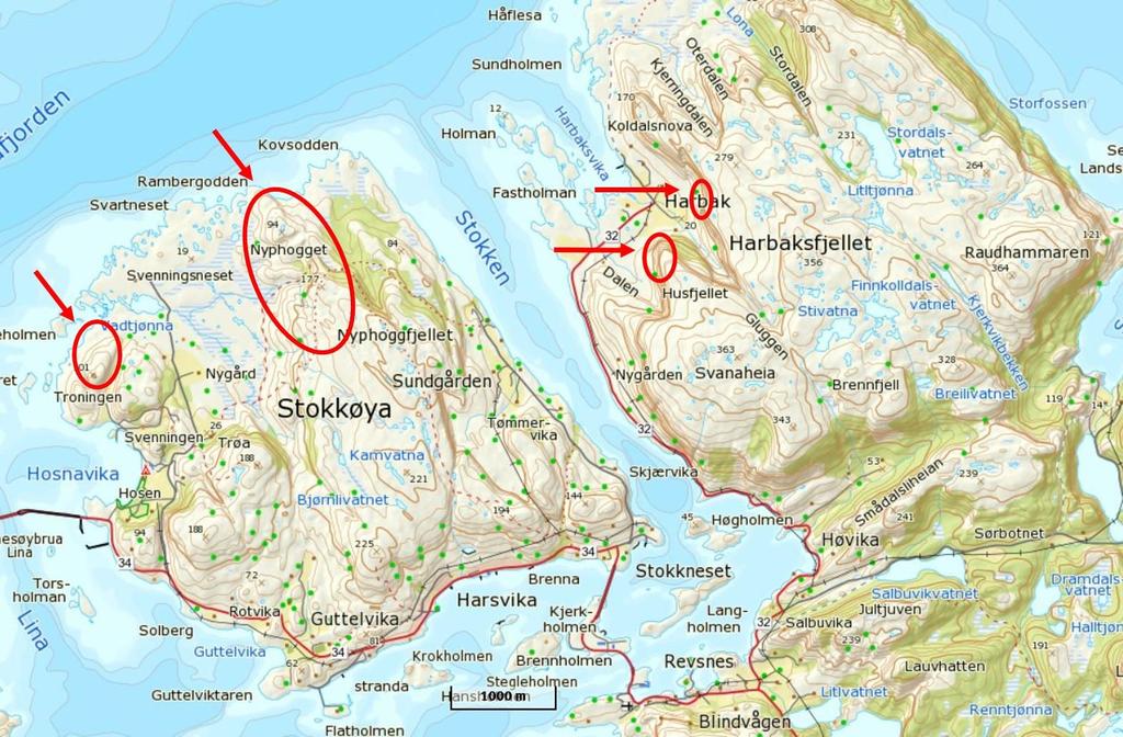 Undersøkelsesområde og metodikk Figur 1: Kart over undersøkelsesområdet i Åfjord kommune. De fire områdene som ble kartlagt er markert med røde sirkler. Kartet er modifisert fra Kartverket.