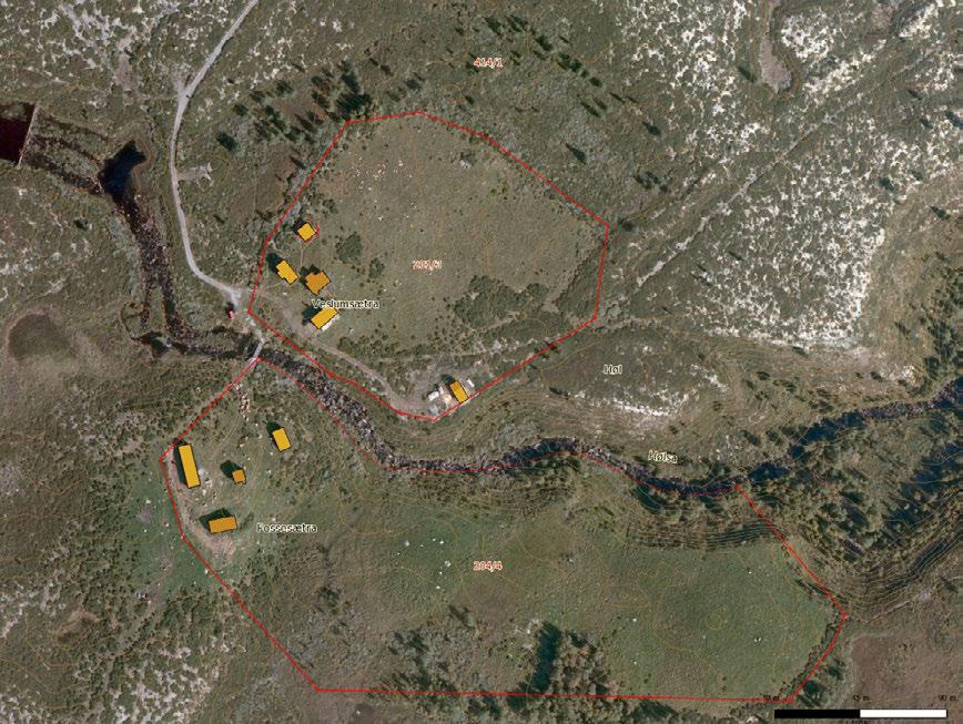 Figur 1. Ortofoto som viser Hølsætra med de to setrene Veslumsætra og Fossesætra. Kilde: www.gislink.no. Innledning: Lokaliteten er kartlagt av Bjørn Harald Larsen 22.09.