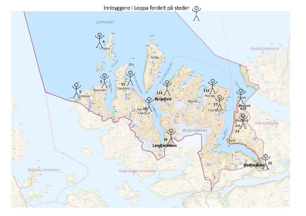 Kommunekartet - Loppastedene Kommunikasjoner: Hurtigbåt til alle stedene i Loppa som ikke er veifast.