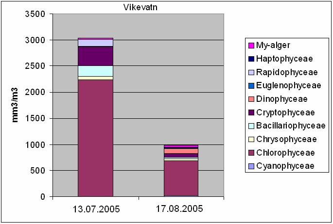 Figur 10. Vikevatn 2005. Planteplanktonets sammensetning (hovedgrupper) og biomasse (algevolum) 4.