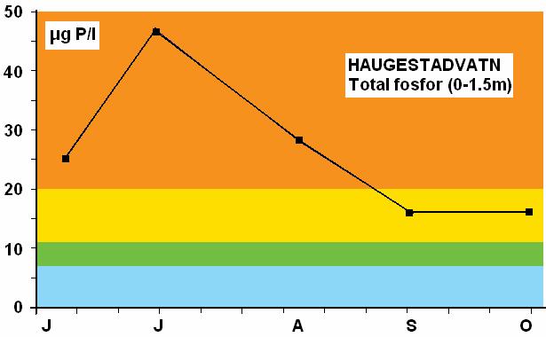 i Figur 13. Figur 12. Haugestadvatn 2005. Eutrofirelaterte parametre sammenliknet med SFTs vannkvalitetskriterier.