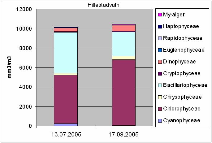 Figur 16. Hillestadvatn 2005. Planteplanktonets sammensetning (hovedgrupper) og biomasse (algevolum) 6.