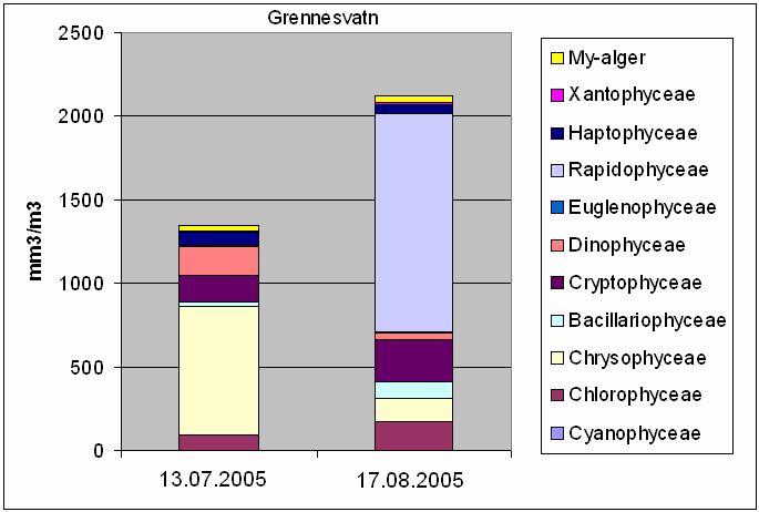 Figur 19. Grennesvatn 2005. Planteplanktonets sammensetning (hovedgrupper) og biomasse (algevolum) 6.