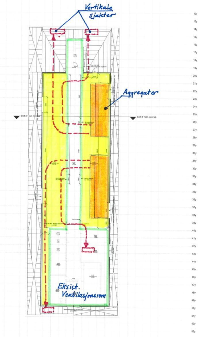 Årstad VGS Bygg B VENTILASJON Nytt ventilasjonsrom på tak Nye vertikale sjakter i hver