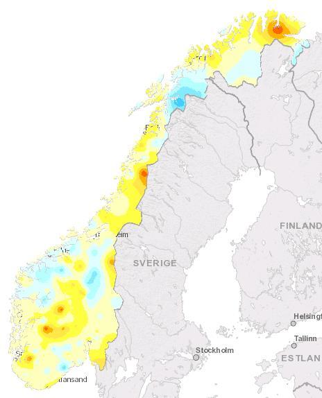 Vær og hydrologi Mildt i hele landet i fjerde kvartal Oktober November Desember Kilde: NVE Kartene viser avvik fra normaltemperatur (1971-2000) målt i grader celsius i oktober, november og desember