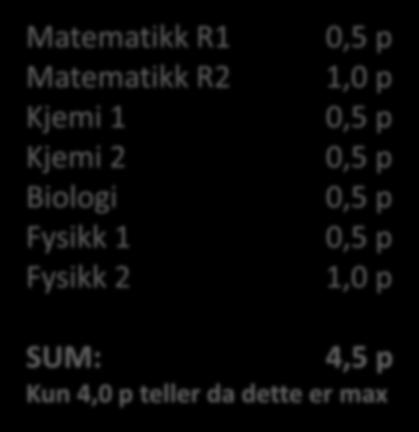 Eksempel tilleggs-poeng «Realisten» Matematikk R1 0,5 p Matematikk R2 1,0 p Kjemi 1 0,5 p Kjemi 2 0,5 p Biologi 0,5 p Fysikk 1 0,5 p