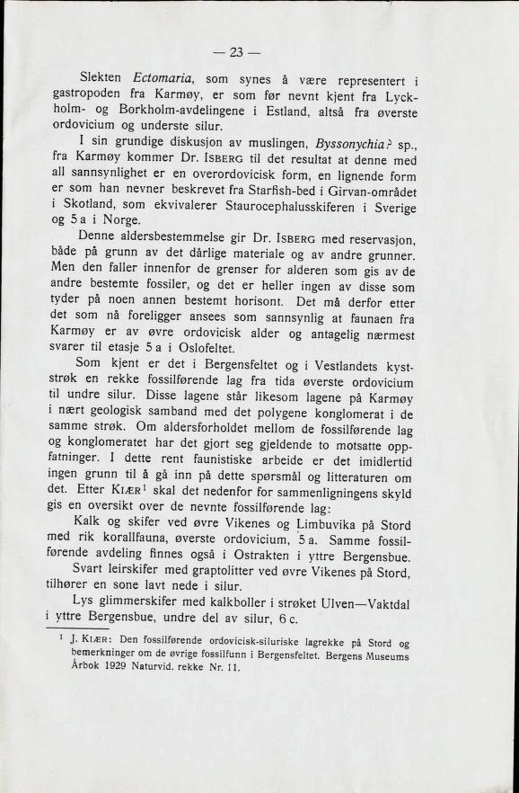 Slekten Ectomaria, som synes å være representert i gastropoden fra Karmøy, er som før nevnt kjent fra Lyck holm- og Borkholm-avdelingene i Estland, altså fra øverste ordovicium og underste silur.