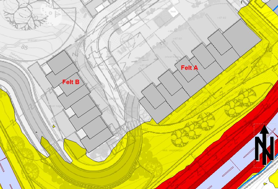 Figur 8 Utendørs støynivå plan takterrasse. Blå strek indikerer tett rekkverk.