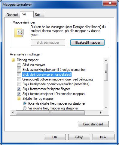 Fra startmenyen kan du velge Kontrollpanel, Utseende og Personalisering og deretter Mappealternativer. Klikk på Min datamaskin i Windows XP og velg Mappealternativer under Verktøy.