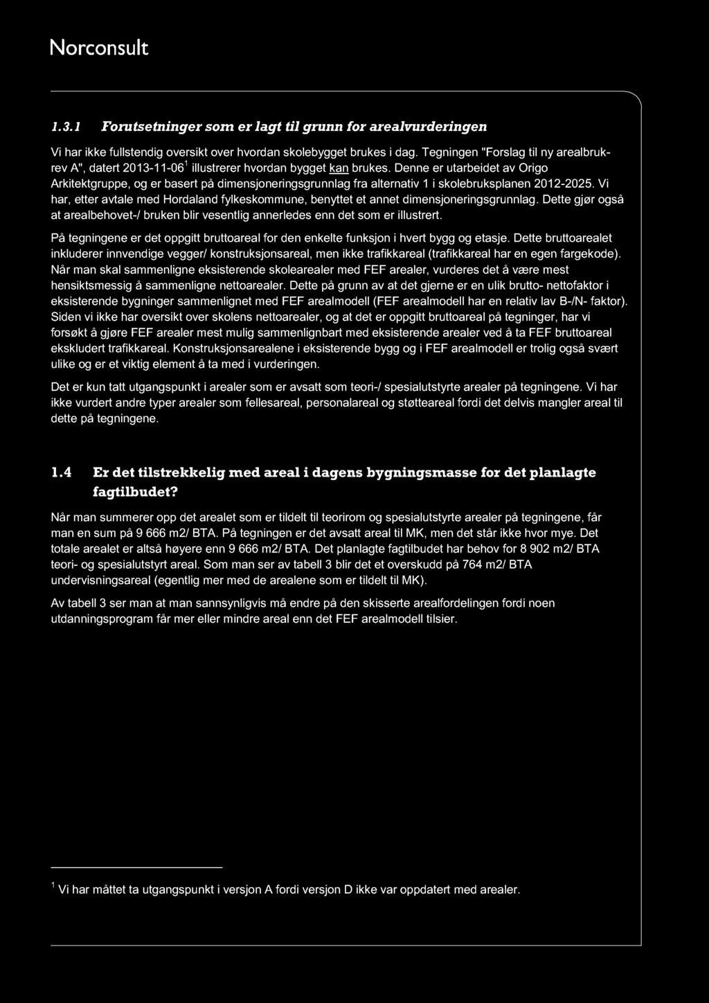 Norconsult AS Vestfjordgaten 4, NO - 1338 Sandvika Pb. 626, NO - 1303 Sandvika Tel: +47 67 57 10 00 Fax: +47 67 54 45 76 NOTAT Notat nr.: Oppdragsnr.: 1.3.1 Forutsetninger som er lagt til grunn for arealvurderingen Vi har ikke fullstendig oversikt over hvordan skolebygget brukes i dag.