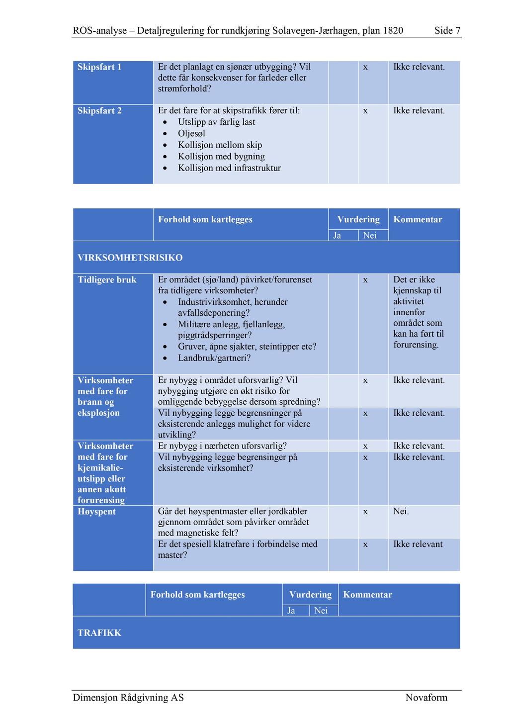 ROS - analyse Detaljregulering for rundkjøring Solavegen - Jærhagen, plan 1820 Side 7 Skipsfart 1 Er det planlagt en sjønær utbygging? Vi l dette får konsekvenser for farleder eller strømforhold?