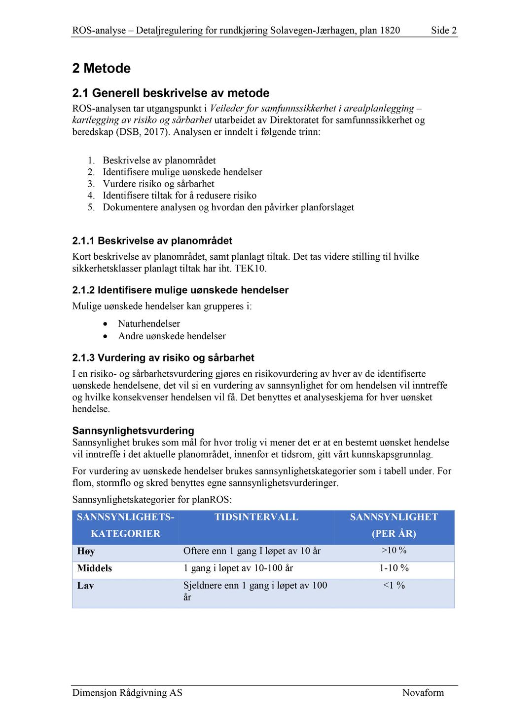 ROS - analyse Detaljregulering for rundkjøring Solavegen - Jærhagen, plan 1820 Side 2 2 Metode 2.