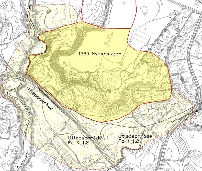 4.1.1 1320 Myrahaugen Løsneområde: Sonen er redusert i forhold til eksisterende utstrekning. I profil 3L er det ca. 155 meter mellom øvre og nedre skråningene og gjennomsnittlig terrenghelning er ca.