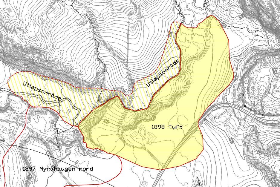4.1.3 1898 Tuft Løsneområde: Løsneområdet begrenses av bekkedal i nord og vest. I øst er det påvist berg i dagen nær eksisterende bebyggelse som begrenser sonen.