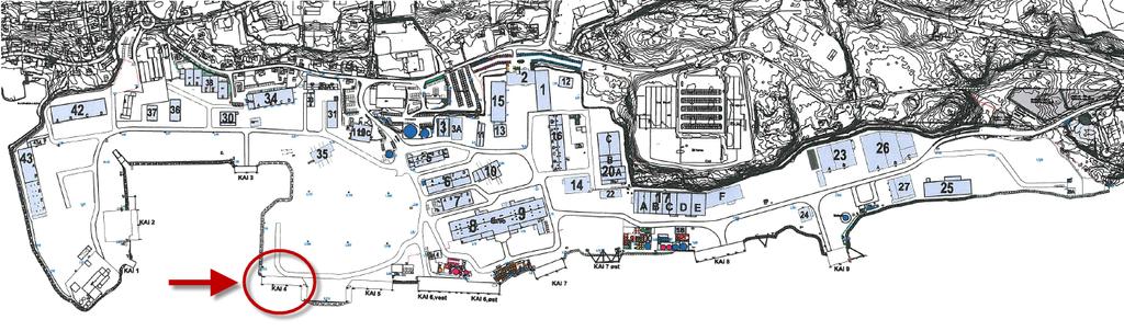 10.4 Oversikt informasjoner Kai 4 Generelle opplysninger kai 4: Dybde v/llv Lengde kai Lengde Ro-ro rampe Høyde kai Retning kai (360g) Kapasitet dekke kai 10,0 m 80,0 m 30,0 m K+2,78 272,5 Jevnt 10,0