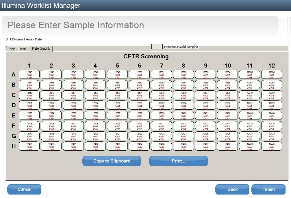 Figur 4 Illumina Worklist Manager, fanen Plate Graphic (Plategrafikk) 5 Velg Finish (Fullfør). Når du lagrer prøvearket, oppretter programvaren både en.csvog.